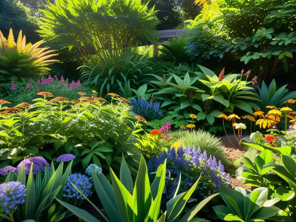 Jardín ecológico regional rebosante de plantas nativas, flores coloridas y vida silvestre, iluminado por el sol