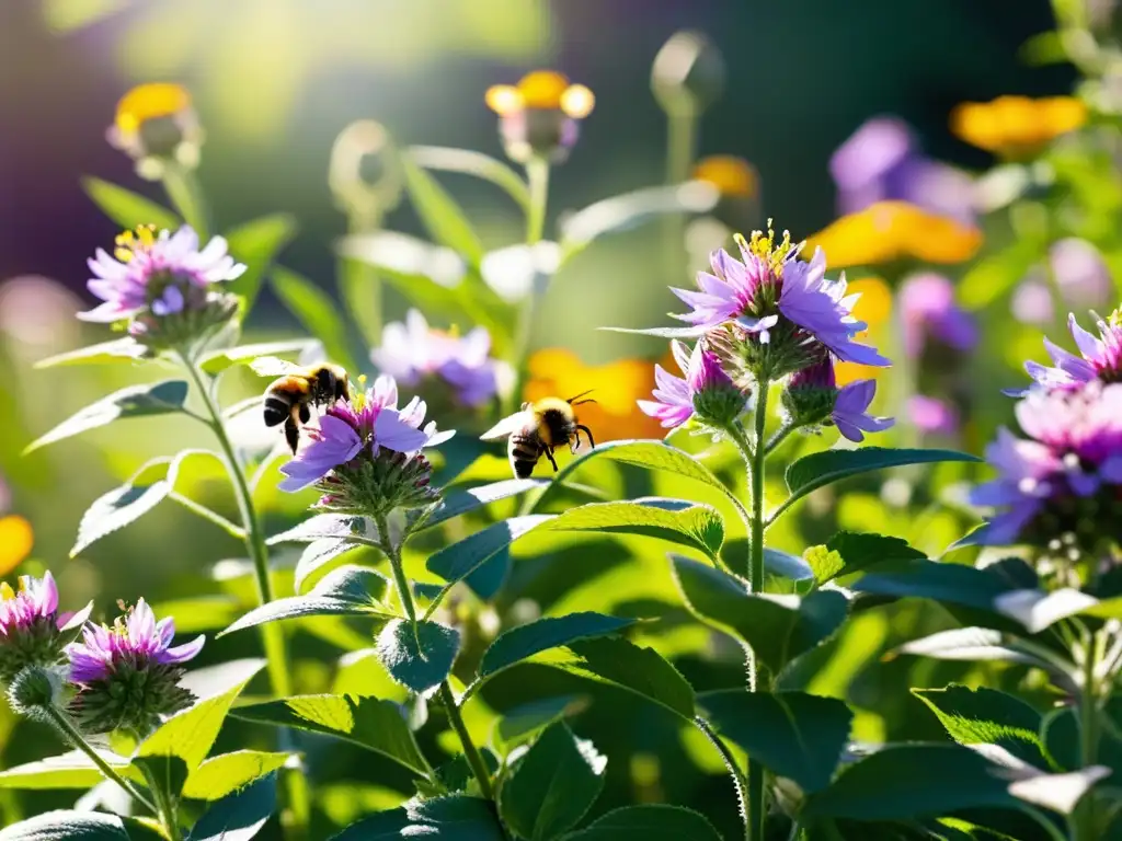 Un jardín ecológico regional rebosante de plantas nativas en tonos vibrantes de morado, rosa, amarillo y blanco