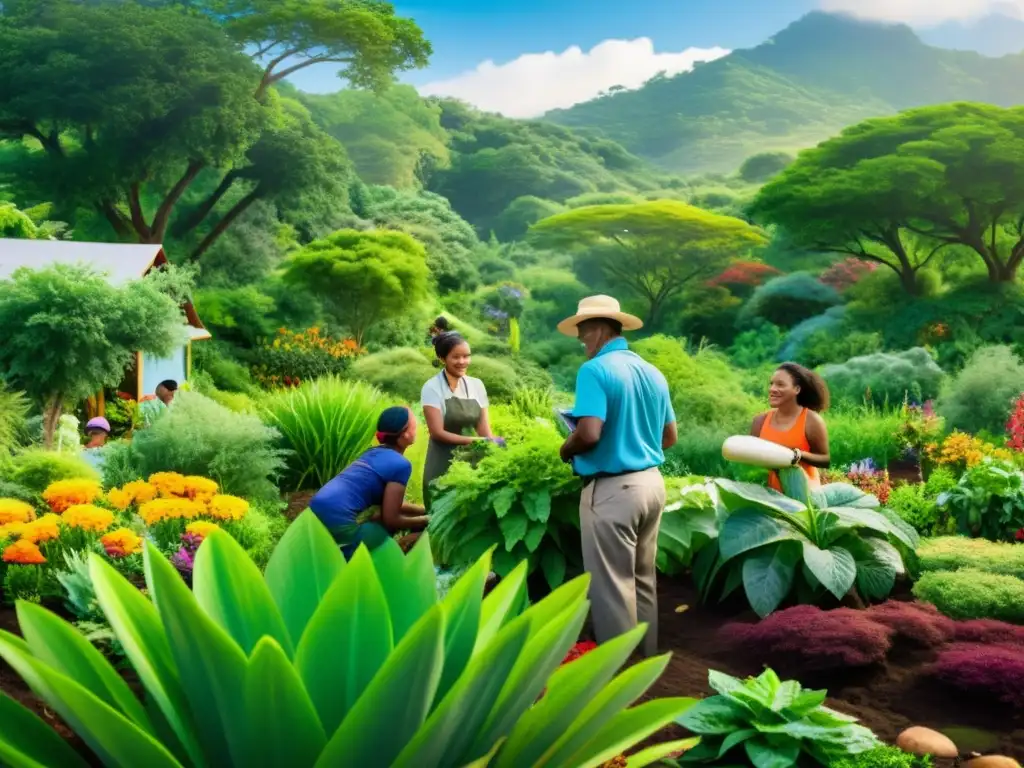 Relación comunidades ecosistemas locales: Comunidad diversa trabaja unida en ecosistema local, rodeada de naturaleza exuberante y vida silvestre colorida