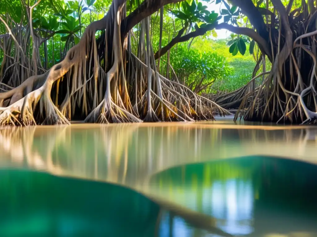 Relación entre manglares y arrecifes de coral: Bosque de manglares con raíces entrelazadas, aguas calmadas y reflejos de luz y sombra