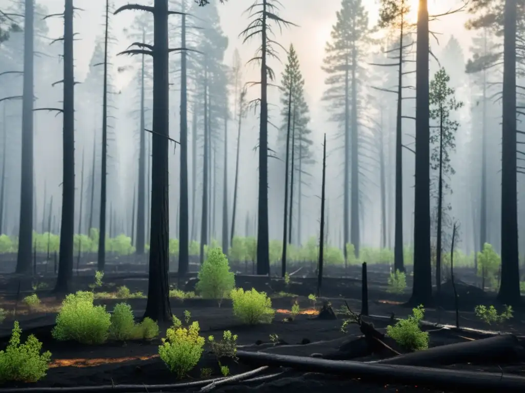 Renacimiento de un bosque tras un incendio, simbolizando la resiliencia de los ecosistemas ante las repercusiones de los incendios forestales