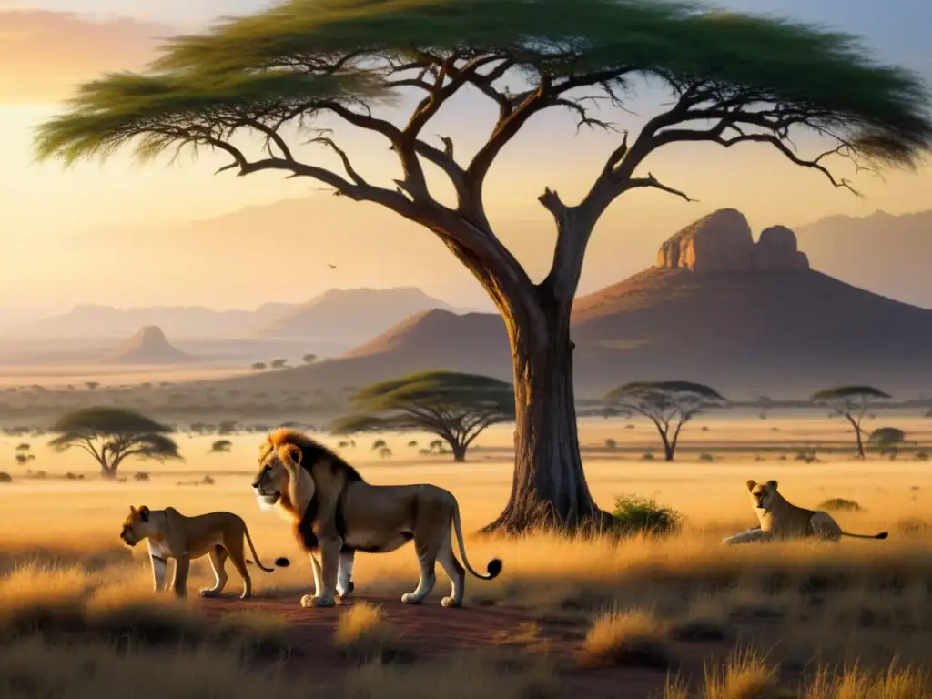 Una representación de sabanas en arte: majestuosos leones descansan bajo un árbol al atardecer, bañados por una suave luz dorada