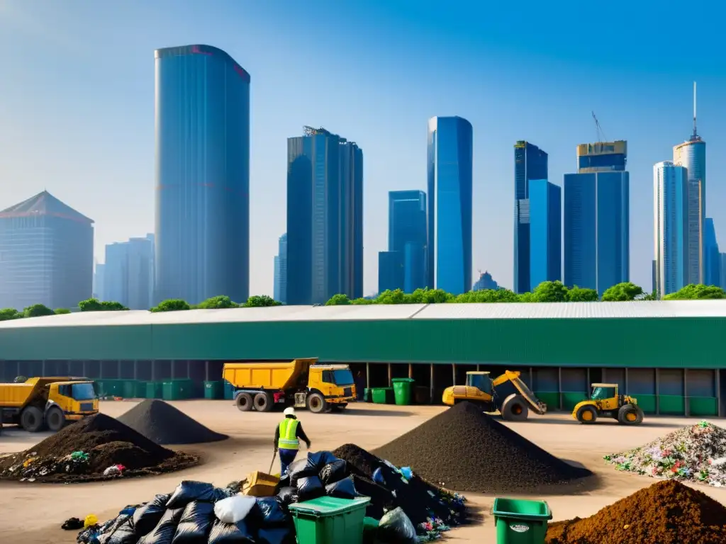 Gestión de residuos en ecosistemas urbanos: Moderna instalación de reciclaje y trabajadores clasificando desechos, con la ciudad de fondo