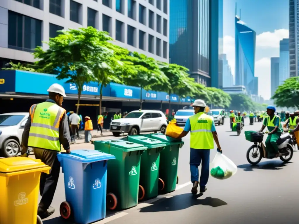 Gestión de residuos en ecosistemas urbanos: Sanitarios recogen reciclables en bulliciosa calle de la ciudad