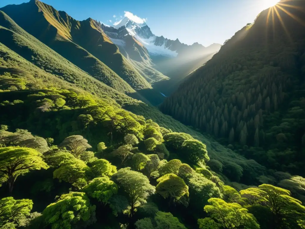 Resiliencia de los bosques de queñuales: luz solar ilumina el denso follaje verde, con picos nevados de los Andes al fondo