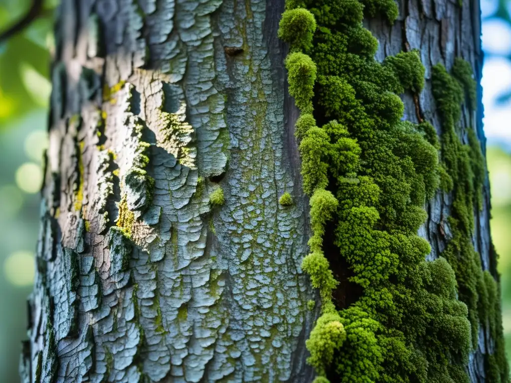 La resistencia de los árboles urbanos contra la contaminación atmosférica se refleja en la textura detallada de su corteza, adornada con lichen