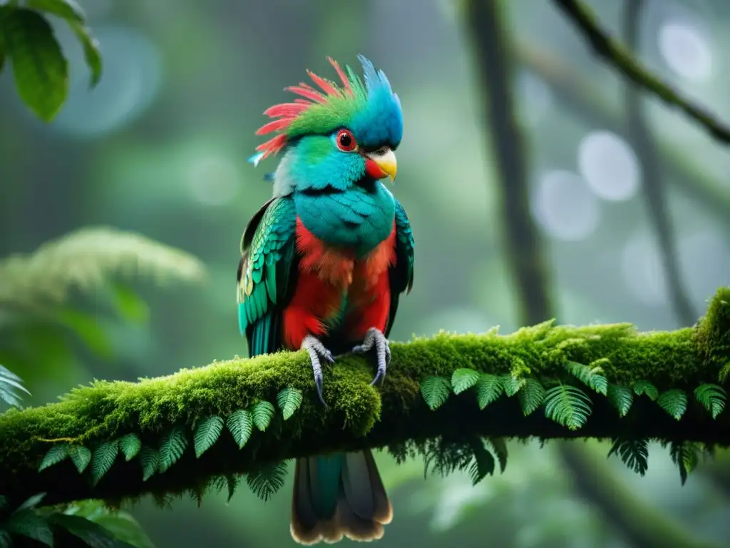 Resplandeciente quetzal en rama cubierta de musgo en el manto nuboso, destacando su plumaje verde y carmesí