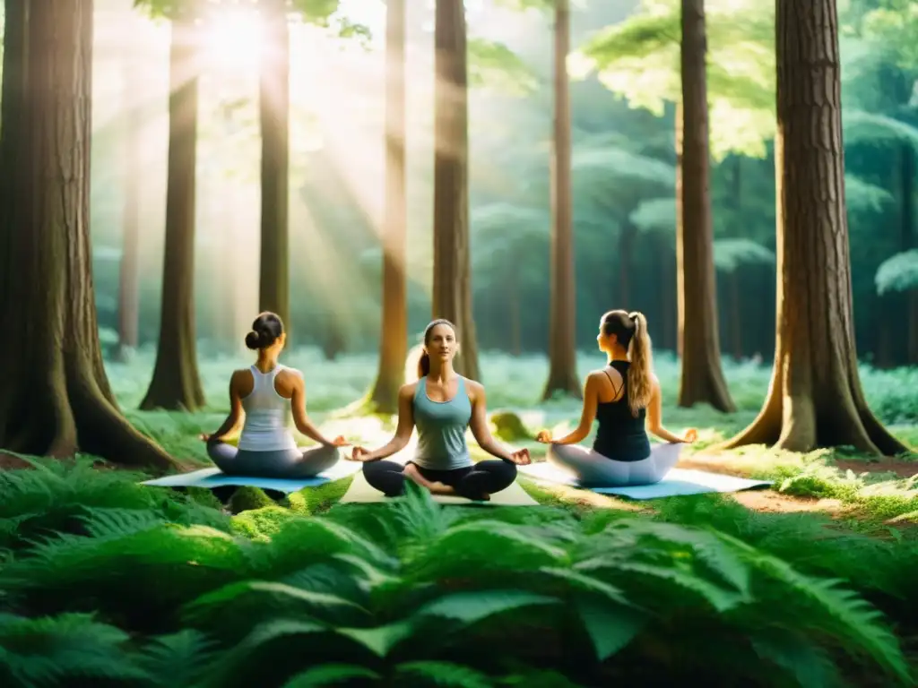 Un retiro de yoga en un bosque encantado, practicantes en poses fluidas bajo el sol filtrado entre árboles