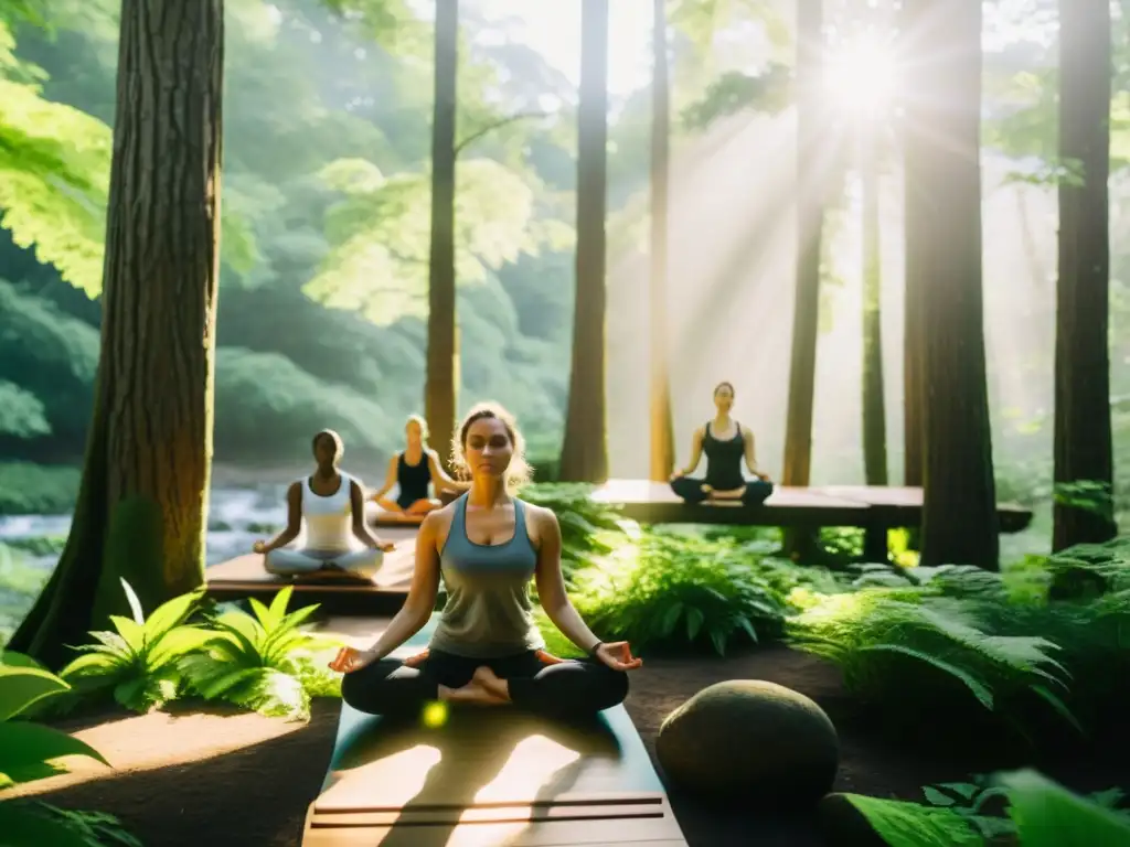 Un retiro de yoga transformación vida en un bosque exuberante con luz solar filtrándose entre los árboles, personas practicando yoga en una plataforma de madera rodeada de naturaleza vibrante