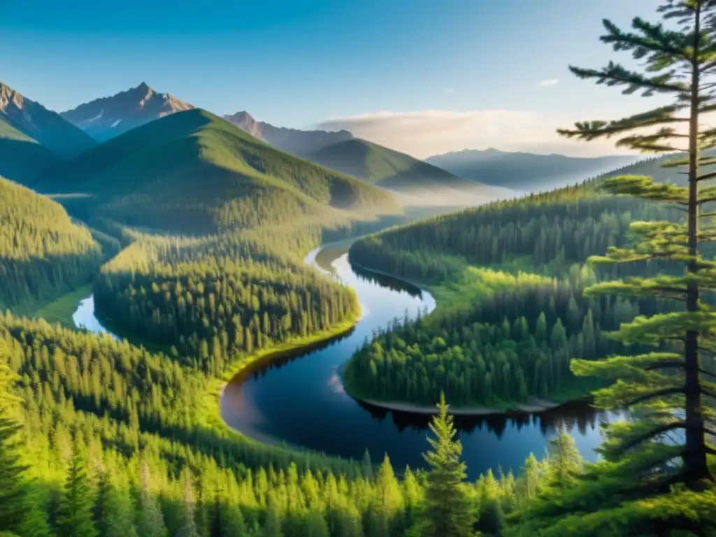 Un retiro ecológico en la Taiga Siberiana, con árboles majestuosos y un río sereno