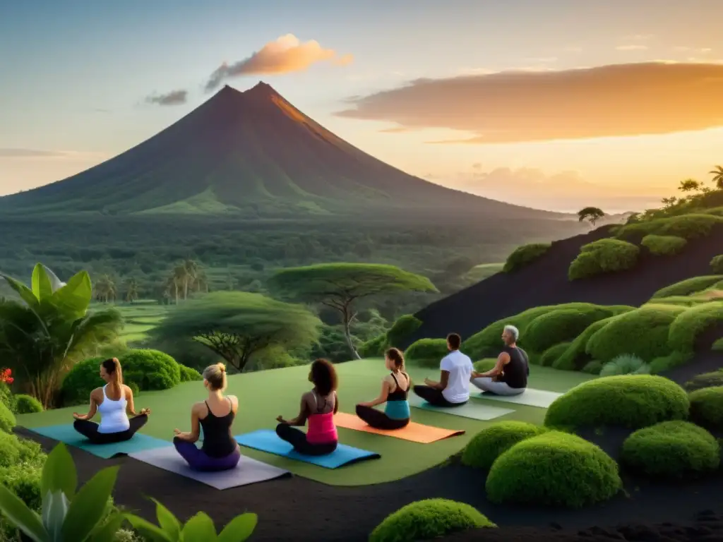 Retiro de Yoga en Volcán: Armonía Natural y Serenidad Un retiro de yoga en un ecosistema volcánico, con personas practicando en armonía con la naturaleza