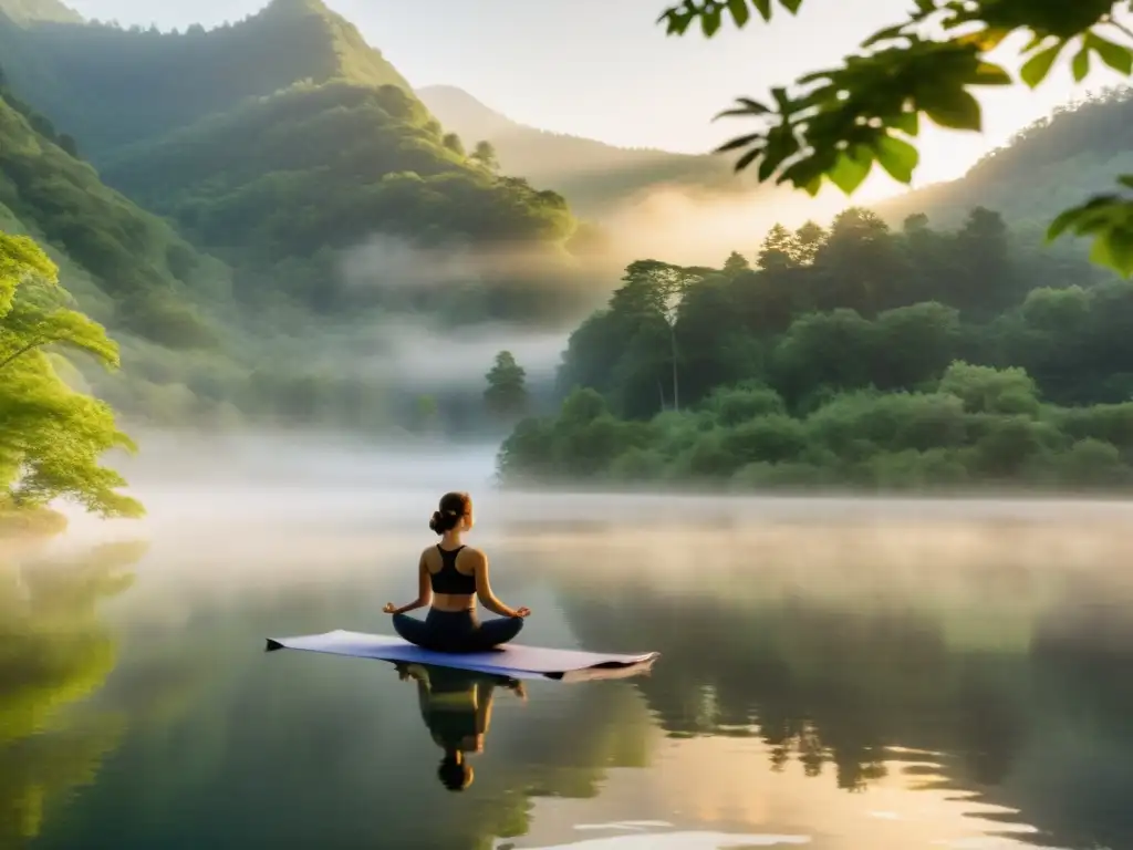 Retiro de yoga transformación vida: Grupo en meditación junto al lago en la serena naturaleza montañosa al amanecer