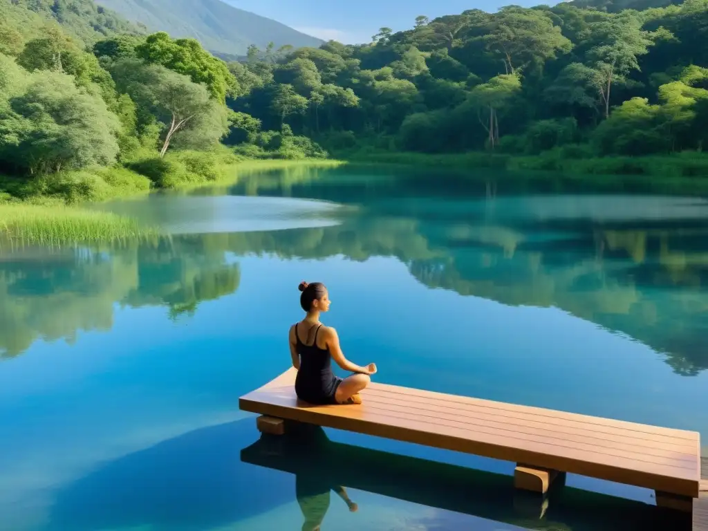 Retiro de yoga en monasterio natural: serenidad en la naturaleza con lago, plataforma de yoga y practicantes en silueta