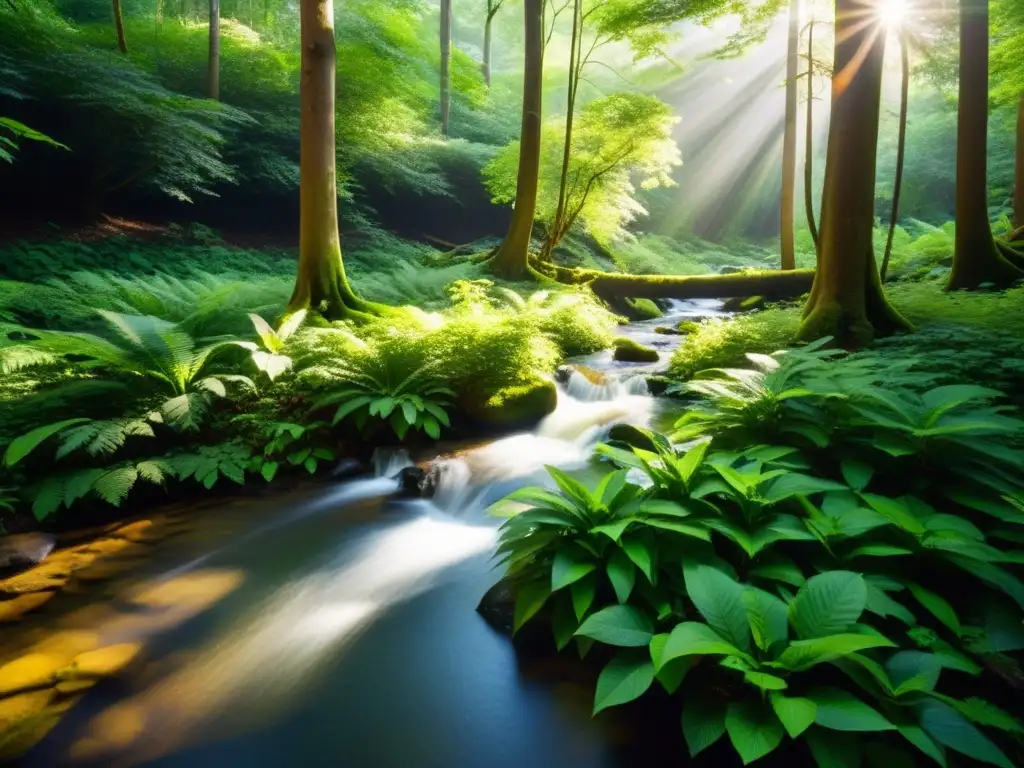 Retiro de yoga en monasterio natural: sereno bosque verde con arroyo tranquilo reflejando la belleza natural