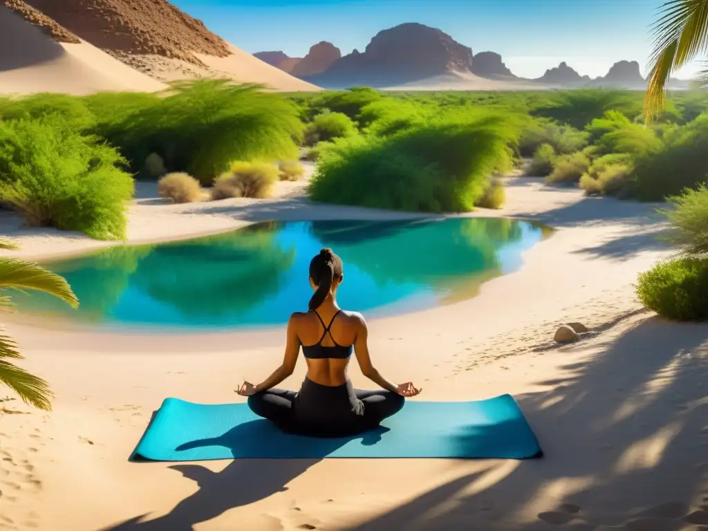 Un retiro de yoga en un oasis sereno, con palmeras verdes proyectando sombras danzantes sobre aguas azules tranquilas