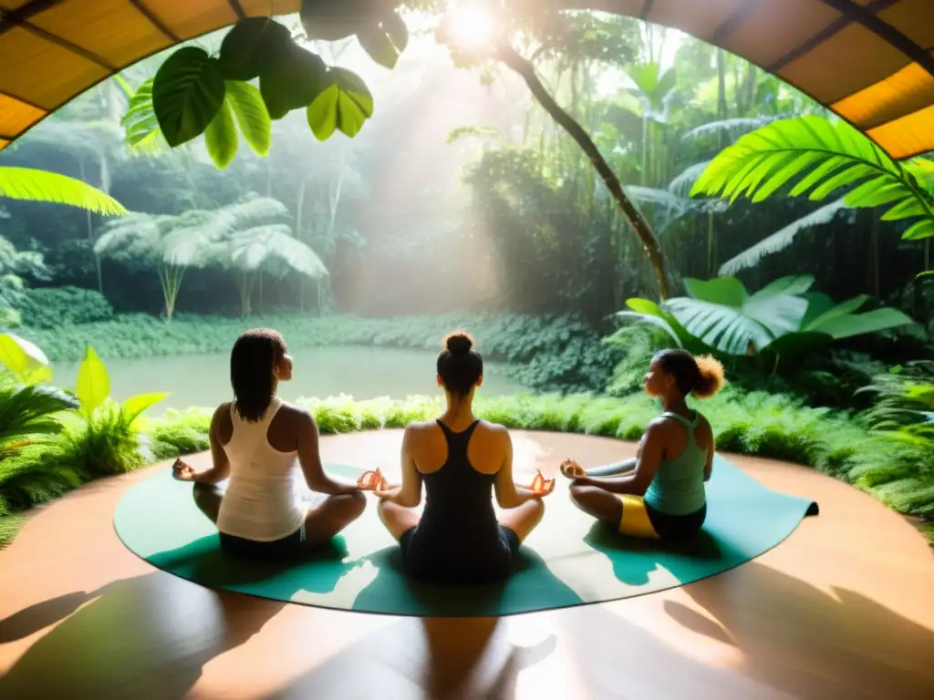 Retiros de yoga en la Amazonía: Grupo diverso practica yoga en la exuberante selva amazónica, bajo la luz cálida del sol entre la naturaleza