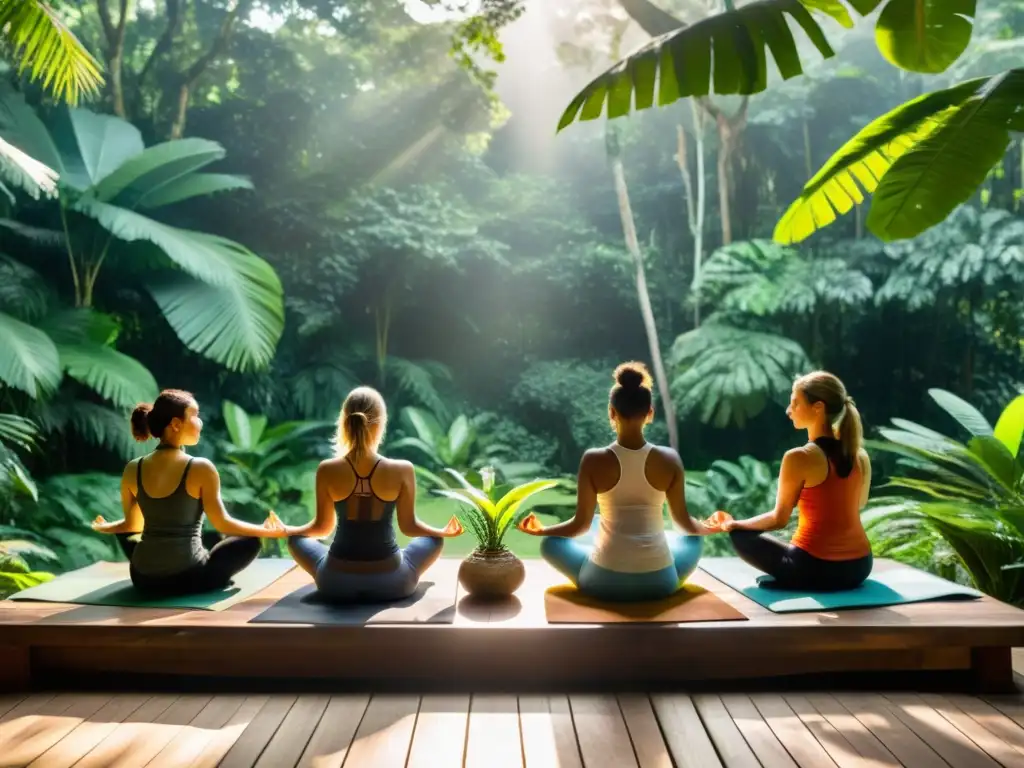 Retiros de yoga en la Amazonía: Practicantes meditan en la selva, rodeados de aves y la luz matutina entre los árboles