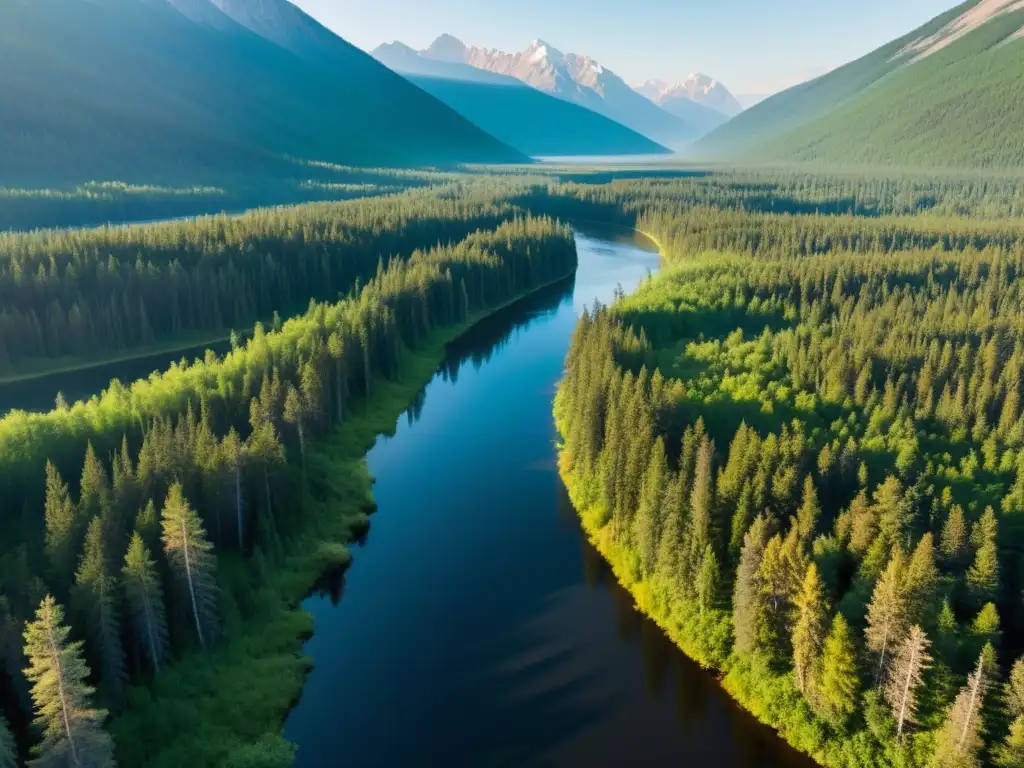 Retiros ecológicos Taiga Siberiana: majestuosa vista de la vasta taiga siberiana con árboles verdes que se extienden hasta el horizonte, bañados por la luz del sol y atravesados por un río sereno