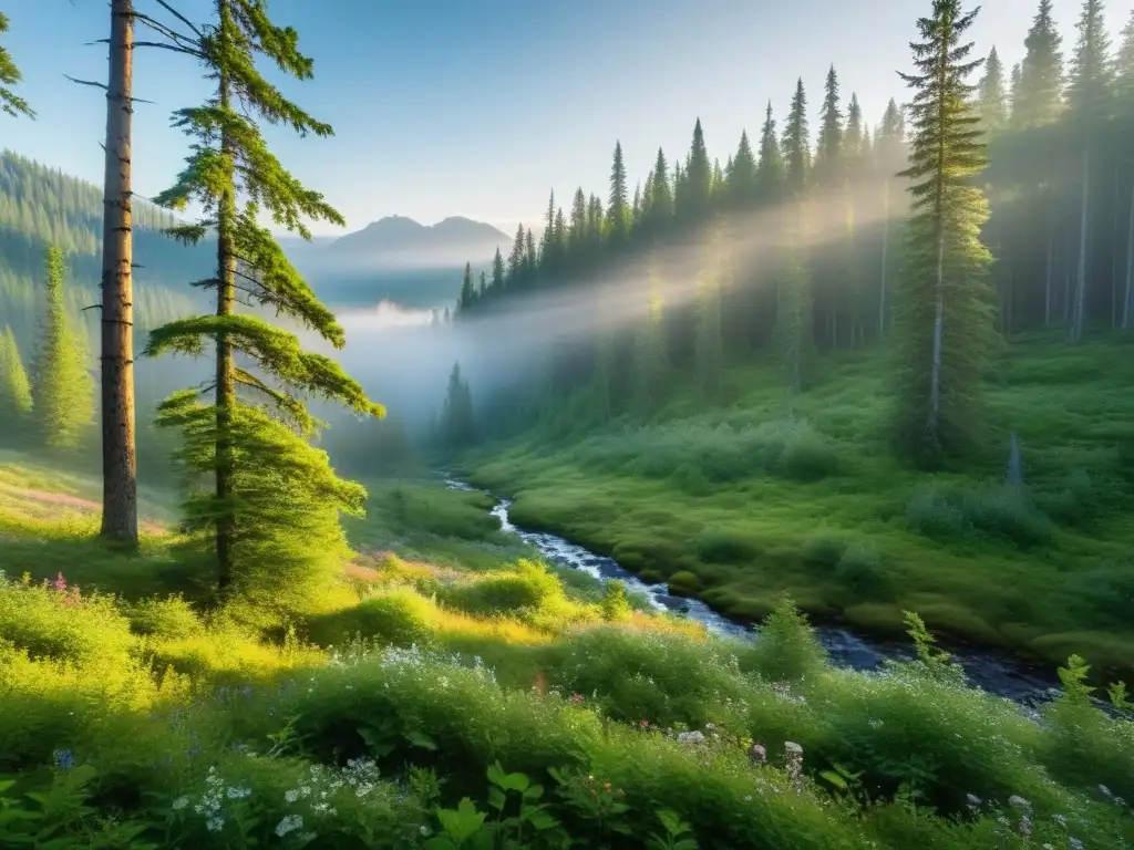 Retiros ecológicos Taiga Siberiana: Imagen impresionante del bosque siberiano en la mañana, con niebla, árboles altos y cabaña