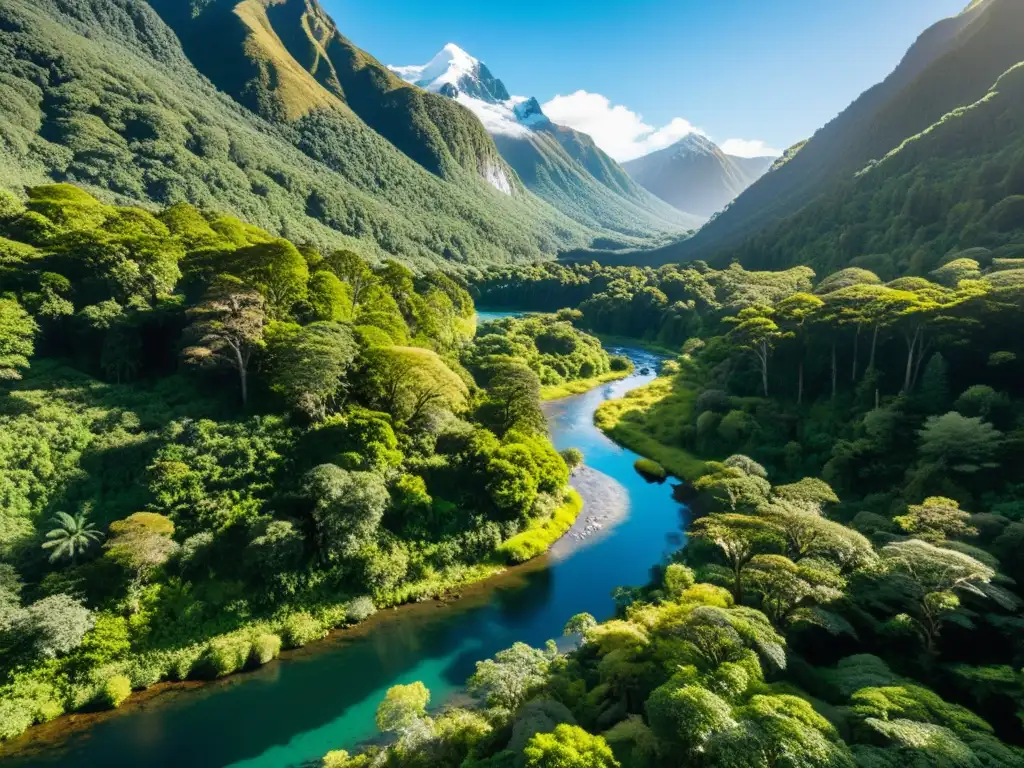 Retiros de ecoturismo en Nueva Zelanda: impresionante bosque verde con flora y fauna nativa, río cristalino y montañas nevadas al fondo