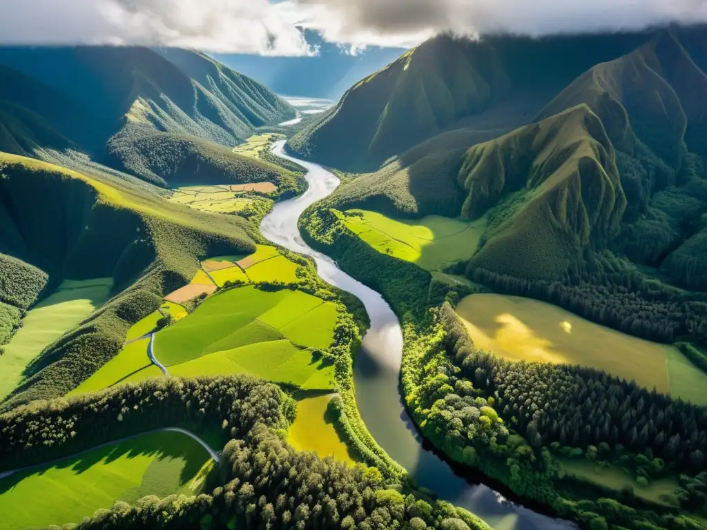 Retiros de ecoturismo en Nueva Zelanda: paisaje impresionante con ríos, bosques y montañas nevadas, bañados por la luz del sol