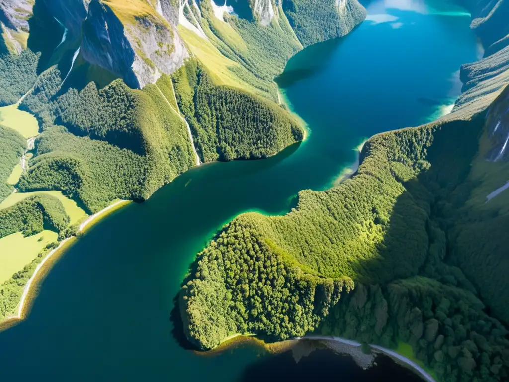 Retiros de ecoturismo en Nueva Zelanda: Vista aérea impresionante del exuberante Parque Nacional Fiordland, con picos dramáticos de los Alpes del Sur reflejados en las aguas cristalinas de los fiordos