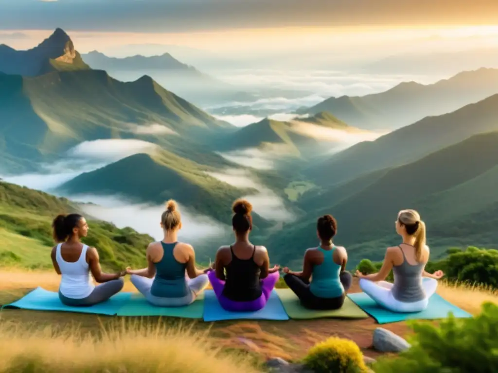 Retiros de yoga transformación vida: Grupo diverso practica yoga al amanecer en la cima de una montaña, con luz dorada y serenidad