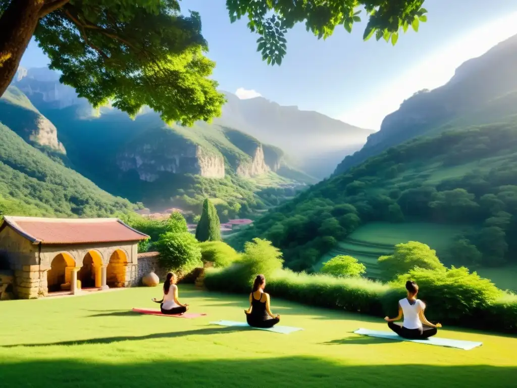 Retiros de yoga en monasterios naturales: Escena serena en un valle verde, monasterio antiguo, gente meditando en paz