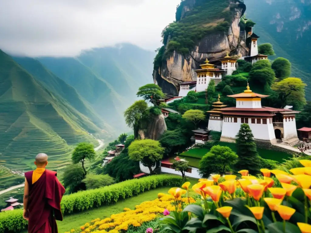 Retiros de yoga en monasterios naturales: Monasterio sereno y verdoso en la base de montañas envueltas por la niebla, con monjes en jardines pacíficos