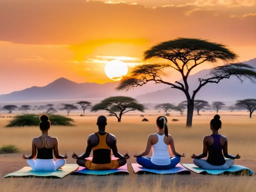 Retiros de yoga en la sabana africana: Yoguis practican al atardecer en la vasta sabana, creando una atmósfera serena y conexión con la naturaleza