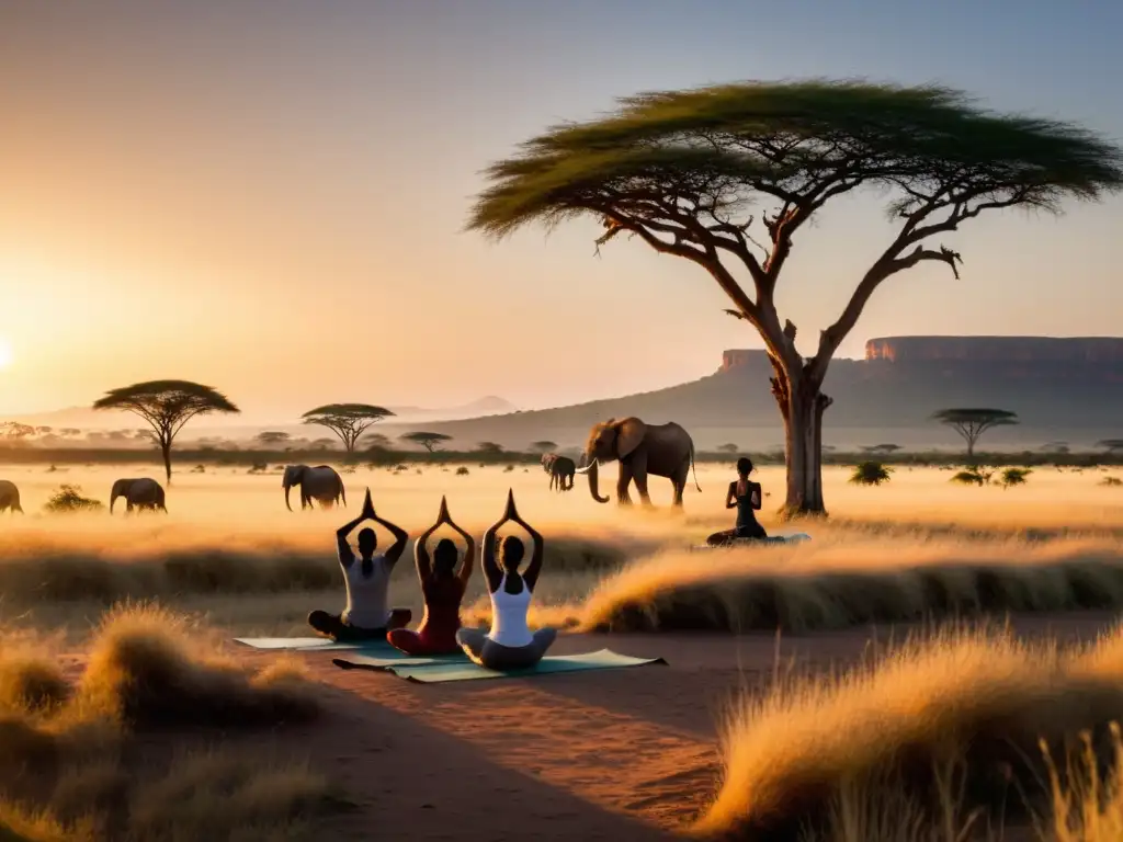 Retiros de yoga en la sabana africana: Practicantes en posturas de yoga al amanecer, rodeados de naturaleza y vida silvestre