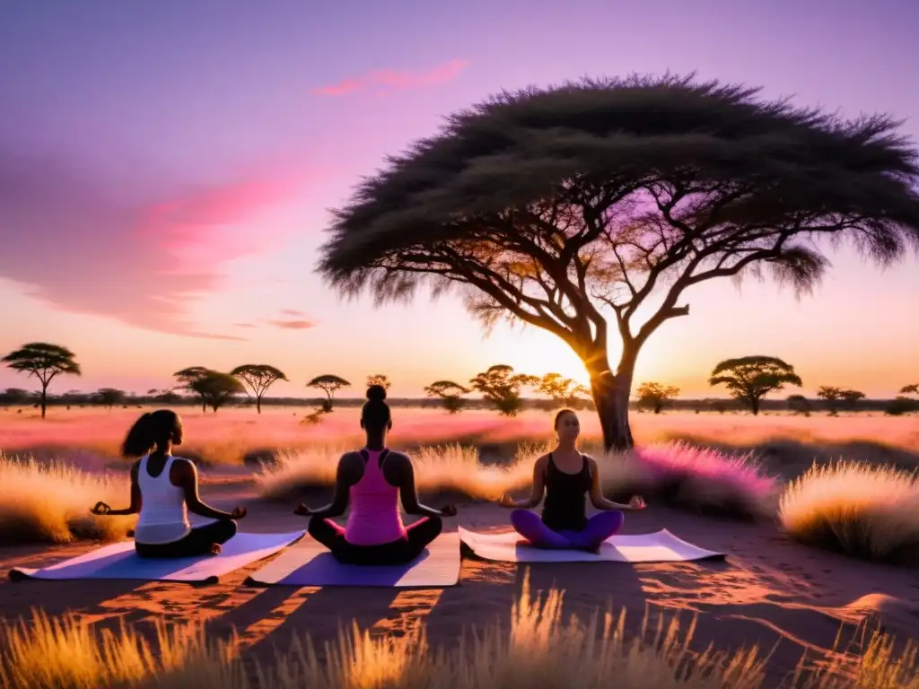 Retiros de yoga en la sabana africana: Practicantes disfrutan de la serenidad al amanecer, entre acacias y hierba alta, bajo un cielo de tonos cálidos