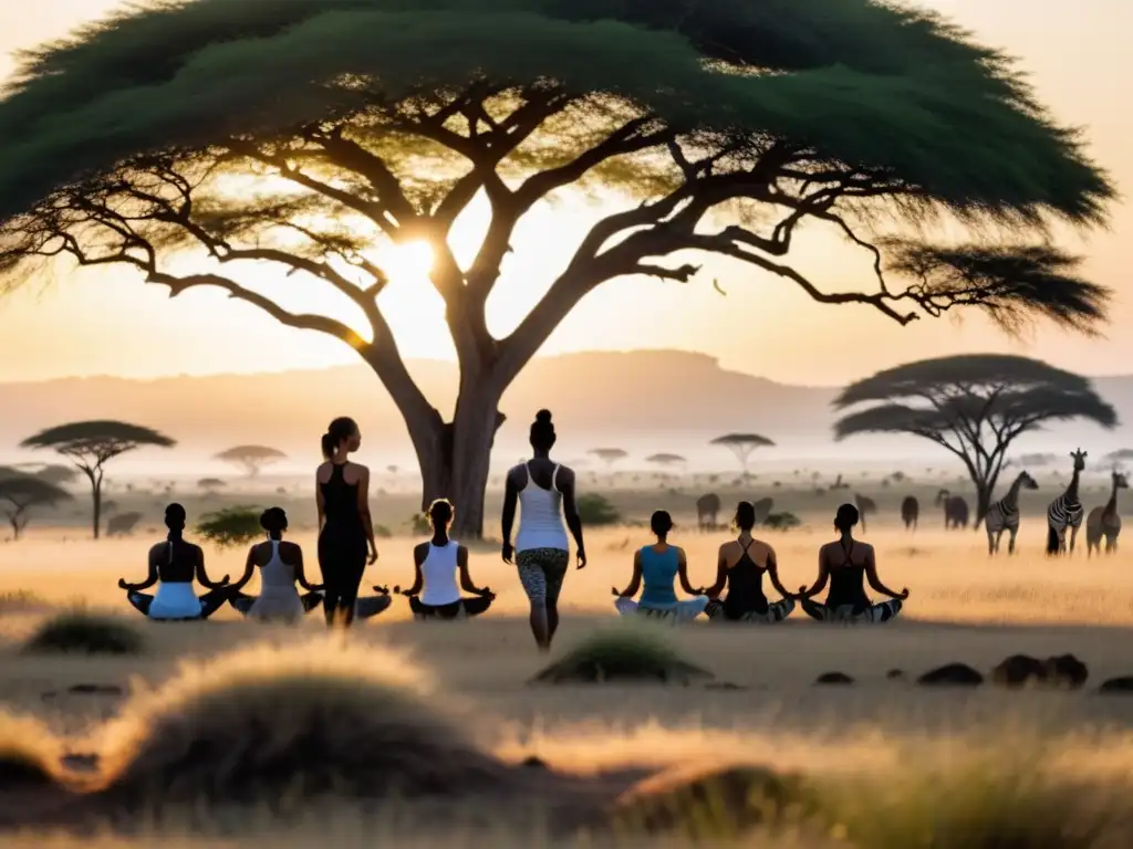 Retiros de yoga en la sabana africana: Practicantes en poses perfectas, rodeados de vida silvestre en una mañana dorada