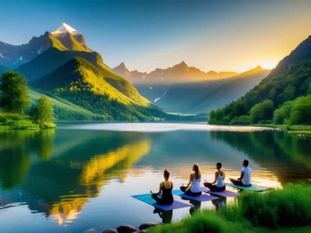 Retiros de yoga en cauces de agua dulce: Sereno lago, montañas al atardecer, yoga en armonía con la naturaleza