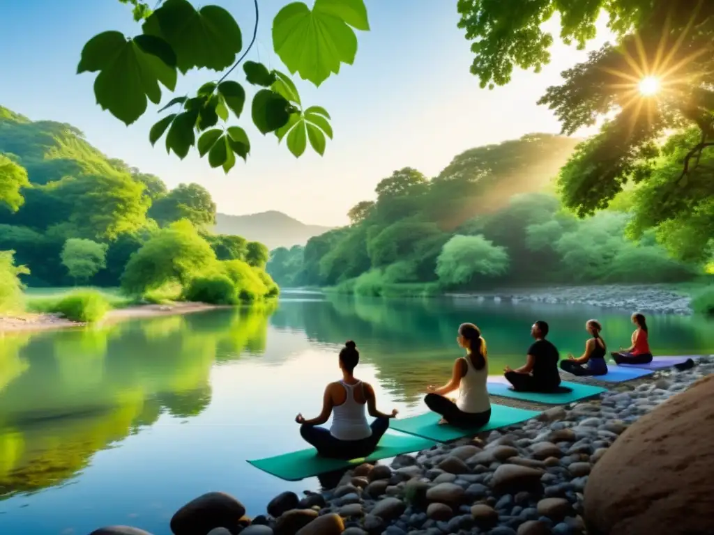 Retiros de yoga en cauces de agua dulce: Sereno paisaje fluvial con práctica de yoga en la orilla, rodeado de naturaleza y paz