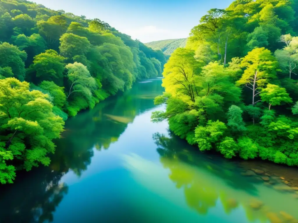 Retiros de yoga en cauces de agua dulce: Un río sereno fluye entre un exuberante bosque, reflejando la naturaleza tranquila y serena