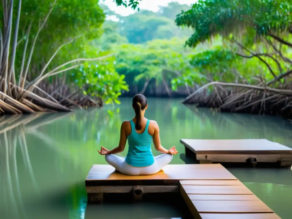 Retiros de yoga en manglares: Practicantes en poses serenas, rodeados de naturaleza exuberante y luz matutina en un muelle de madera