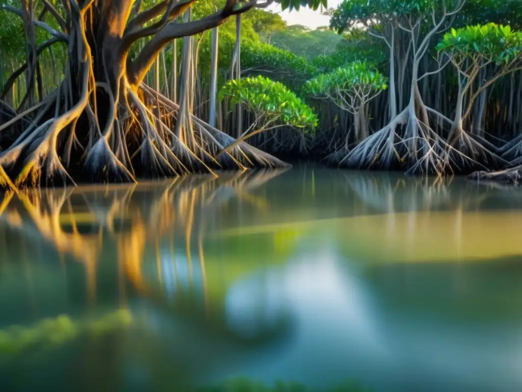 Retiros de yoga en manglares: Amanecer sereno en un bosque de manglares, con raíces intrincadas y vida silvestre, bañado por la cálida luz dorada