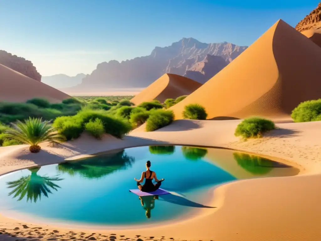 Retiros de yoga en oasis: grupo meditando en oasis desértico, rodeado de palmeras, piscina cristalina y montañas al fondo, bajo cálido sol