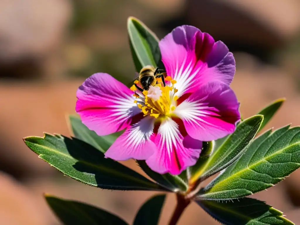 Un retrato detallado de una delicada flor rosada de Cistus albidus en el ecosistema mediterráneo, con polinizadores y cálida luz solar