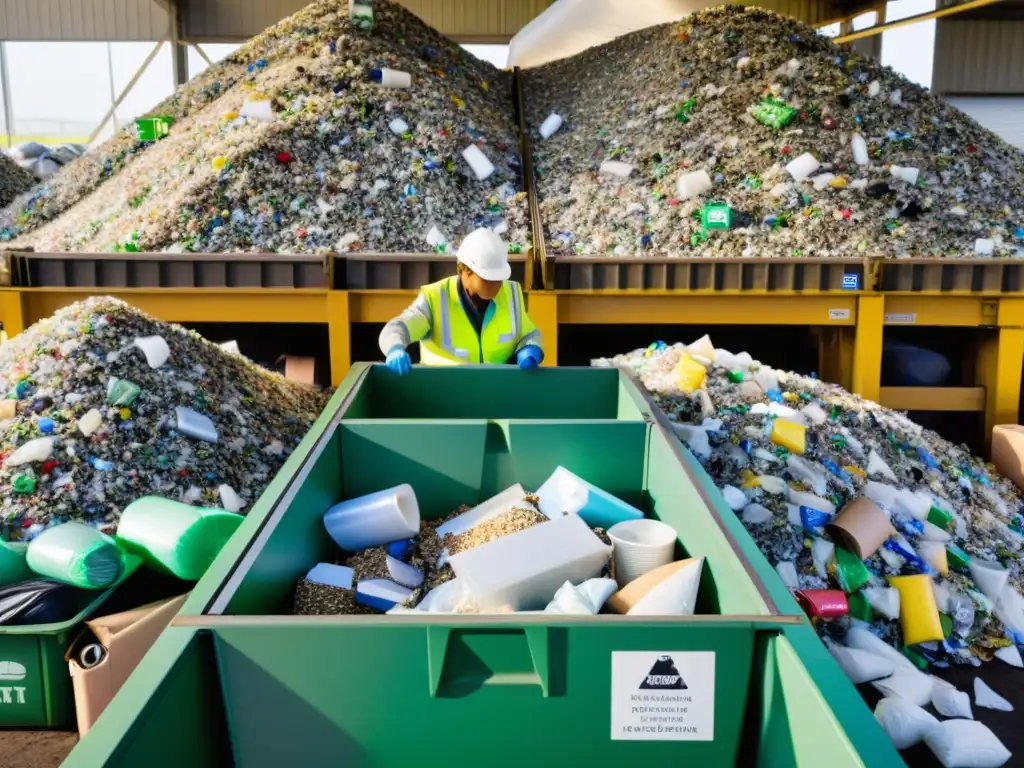 Un retrato detallado de una instalación de gestión de residuos, con trabajadores clasificando materiales reciclables