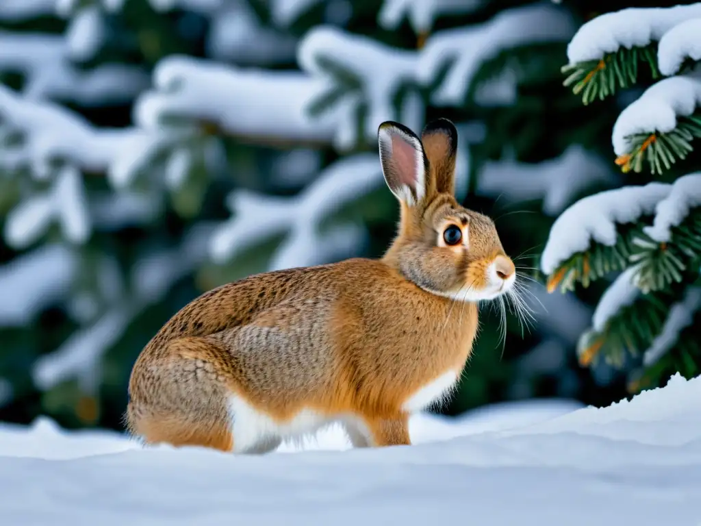 Retrato detallado de liebre ártica camuflada en la nieve, mostrando adaptaciones animales en la taiga