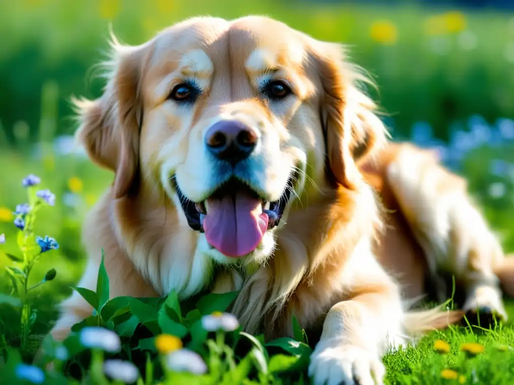 Un retrato detallado de un golden retriever recostado en un prado verde, rodeado de flores silvestres, bajo la suave luz del sol