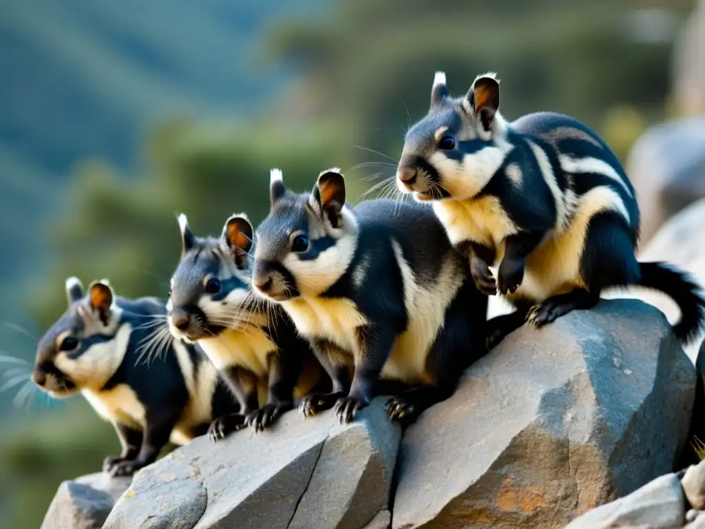 Un retrato detallado de viscachas andinas en su hábitat natural, destacando las adaptaciones de especies en montañas andinas