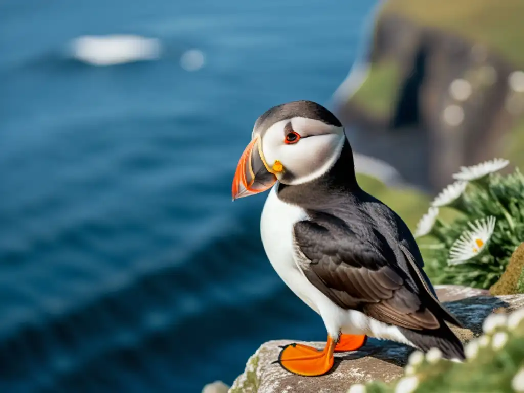 Retrato de un frailecillo en acantilado de las Islas Feroe, vida silvestre en un paisaje remoto y hermoso