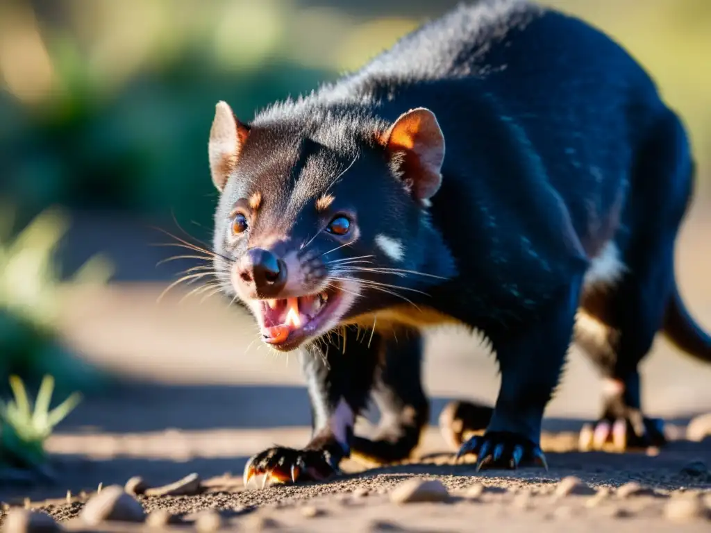 Retrato impresionante de un demonio de Tasmania en su hábitat natural al anochecer, destacando su mirada intensa bajo la luz dorada