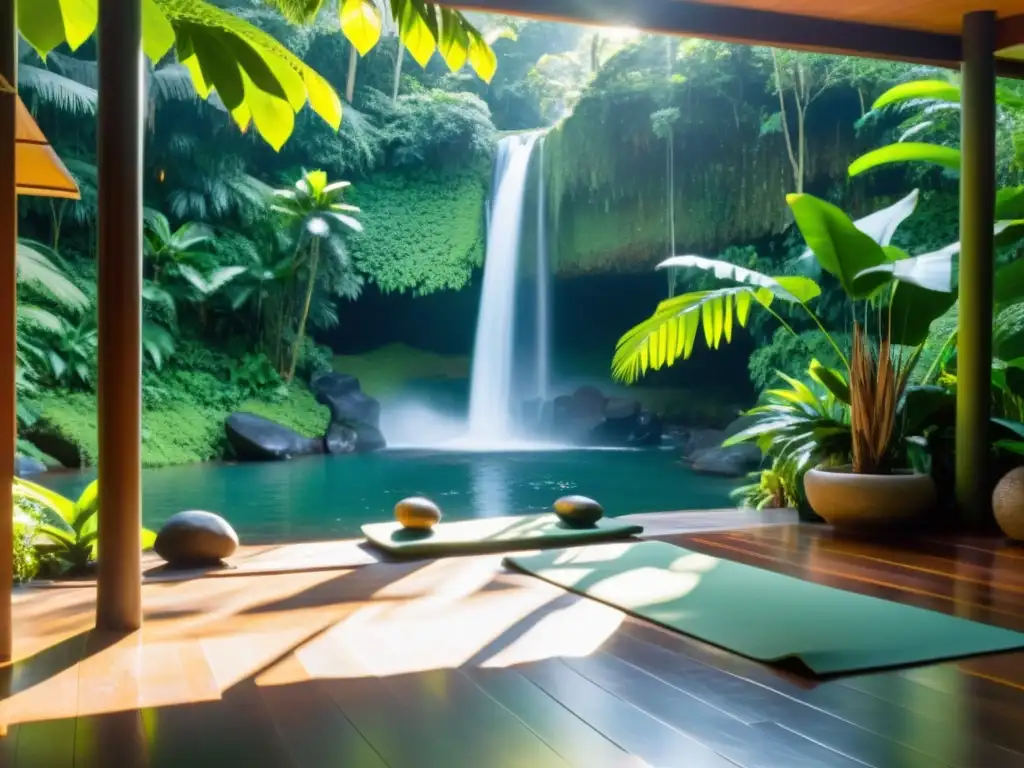 Revitalización espiritual a través del yoga en un estudio rodeado de naturaleza exuberante y serena