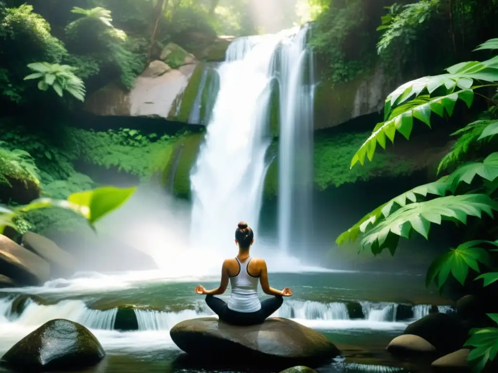 Revitalización espiritual a través del yoga: practicante en pose meditativa junto a una cascada, envuelto en niebla y luz filtrada entre el follaje