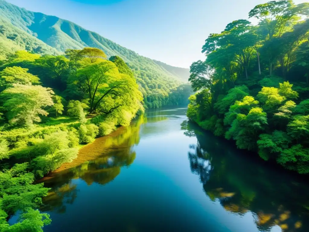 Un río de agua dulce virgen serpentea a través de un exuberante bosque, bañado por la luz del sol y repleto de vida acuática