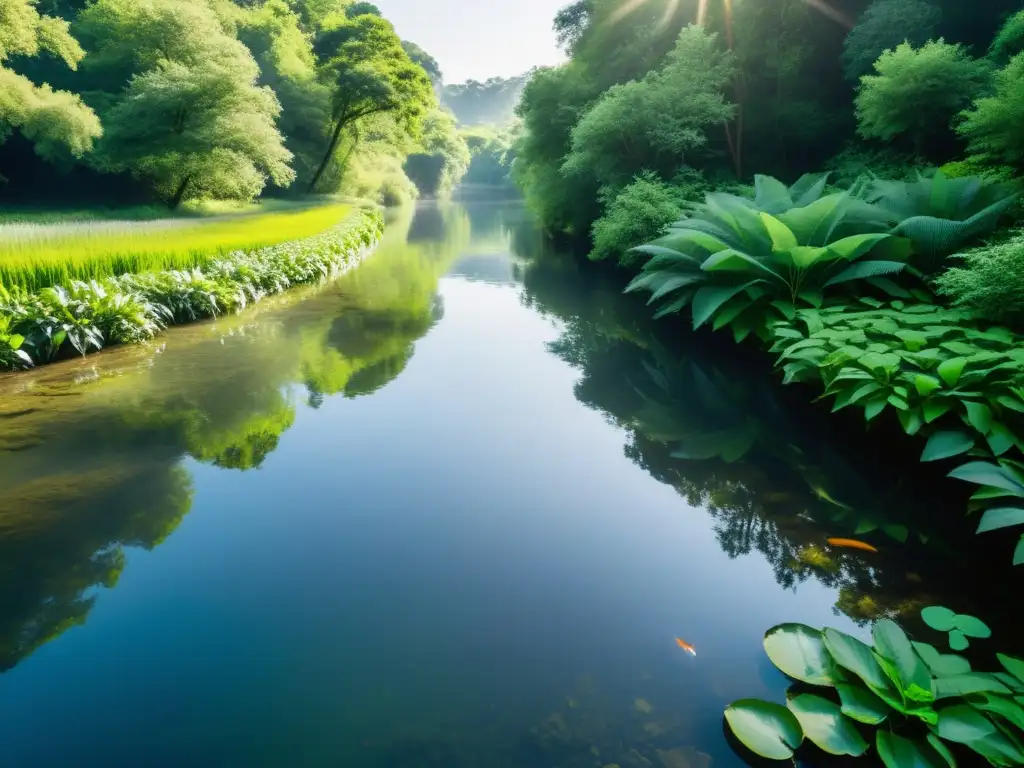 Un río claro y prístino fluye a través de un exuberante bosque, mostrando plantas acuáticas y peces